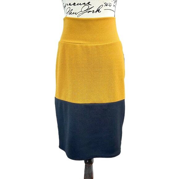 LuLaRoe Pencil Skirt Cassie Mustard Black Dipped Colorblock Textured Women Large - Picture 1 of 8